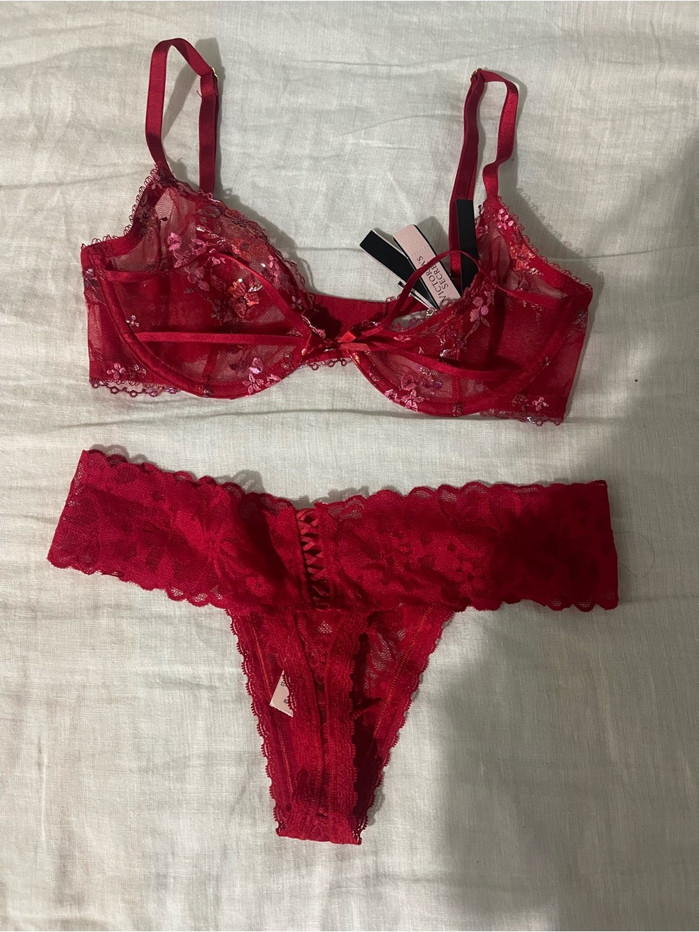 Victoria's Secret Red Sheer Lace Underwire Bra & Lace Thong Set